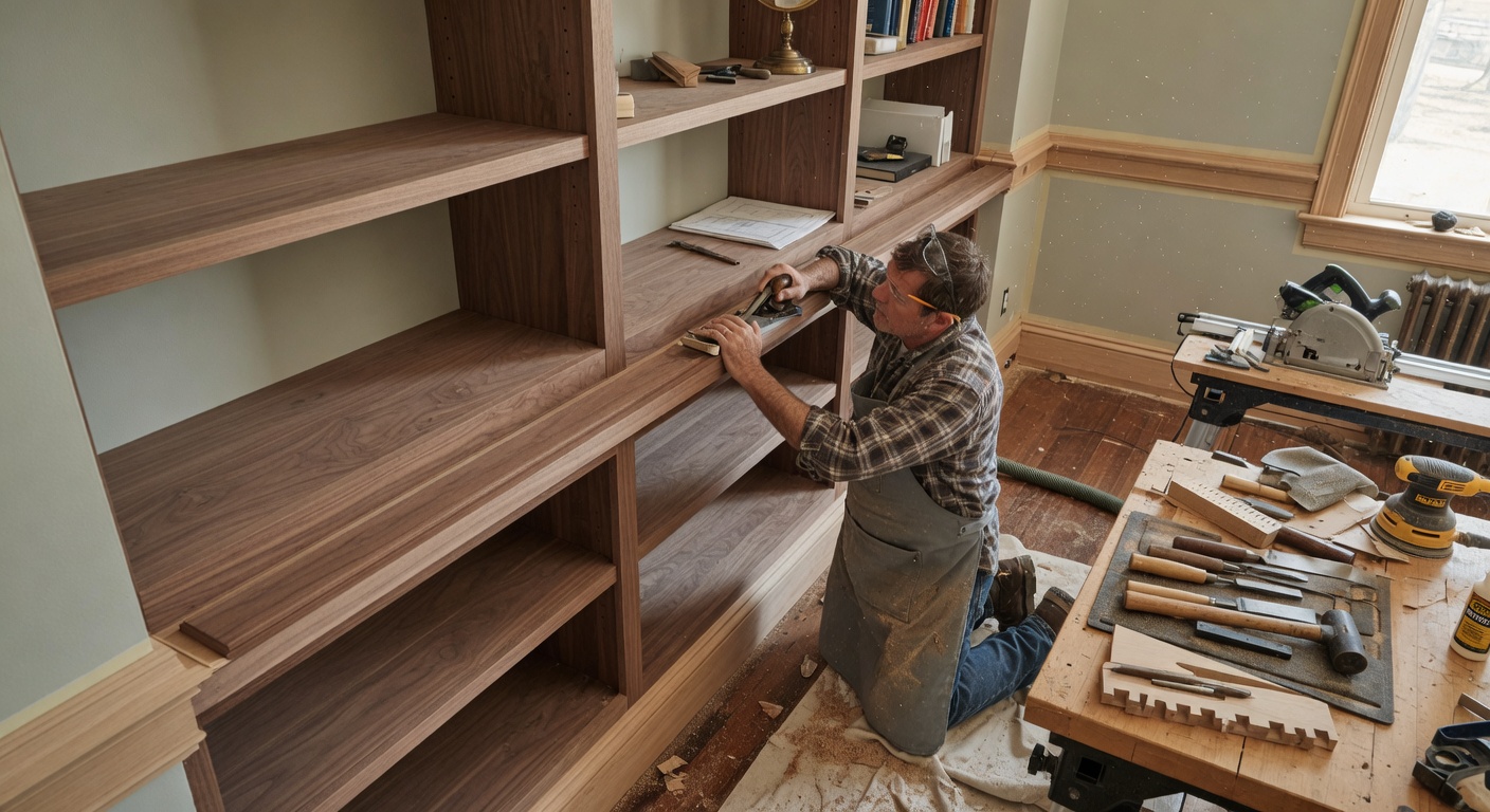 Master carpenter crafting custom built-in shelving and wood trim
