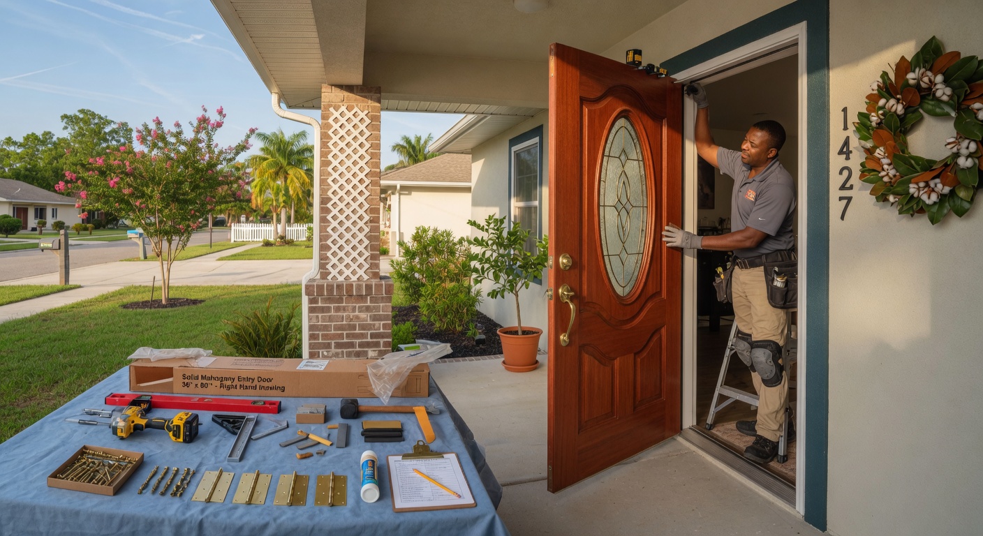 Professional handyman installing a new wooden entry door on a home