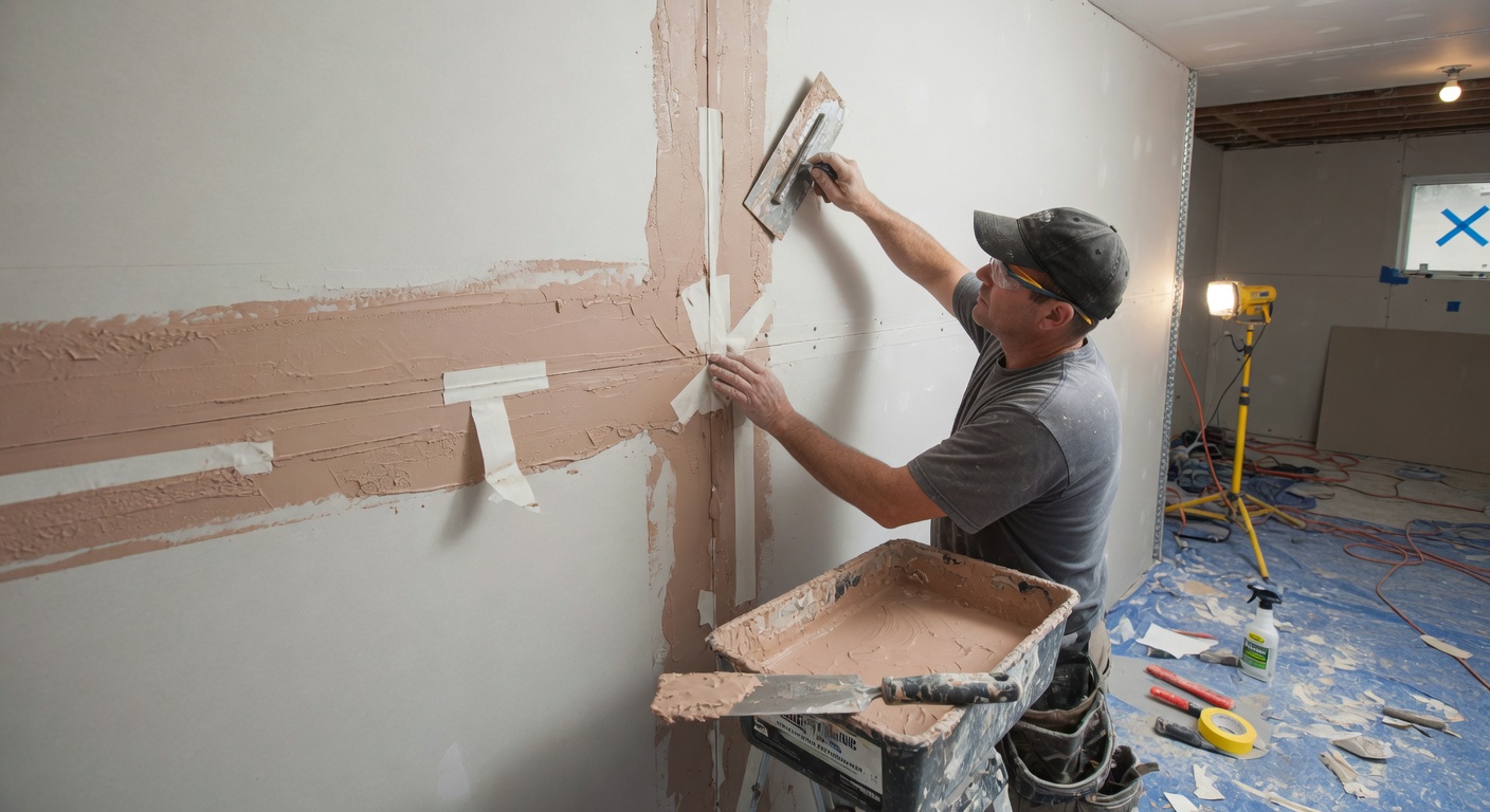 Handyman applying drywall mud and tape to seams on a wall in a home renovation