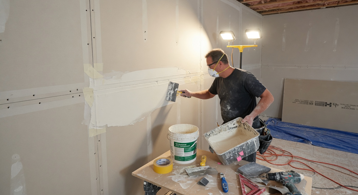Handyman performing drywall repair and taping on an interior wall