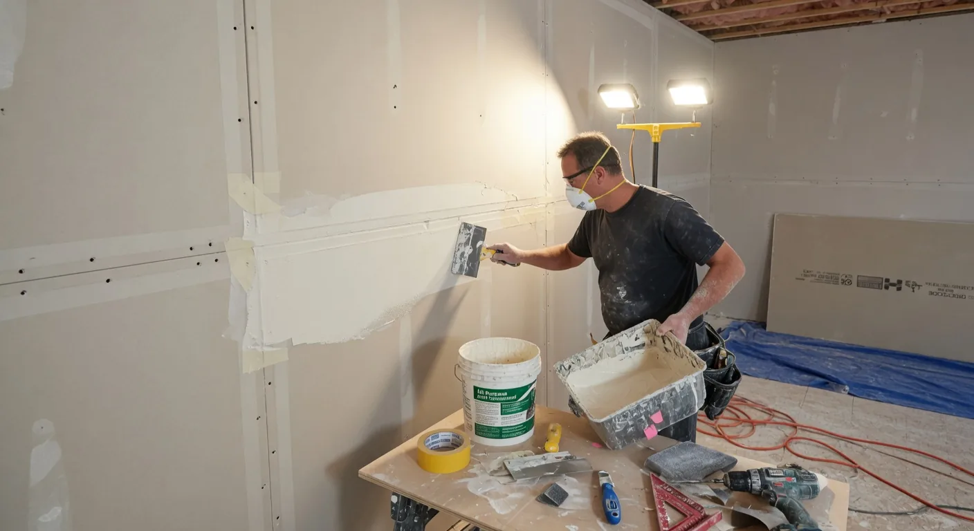 Handyman performing drywall repair and taping on an interior wall