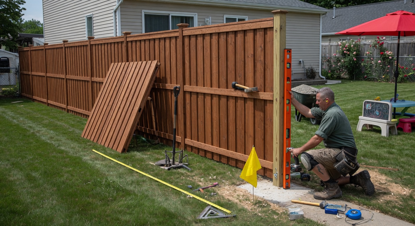 Professional fence installation in progress on a residential property