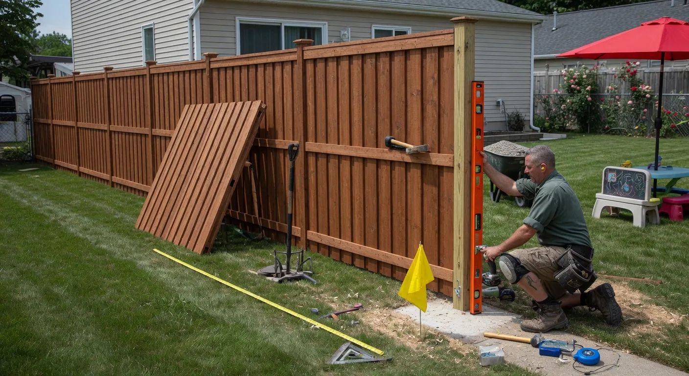 Professional fence installation in progress on a residential property