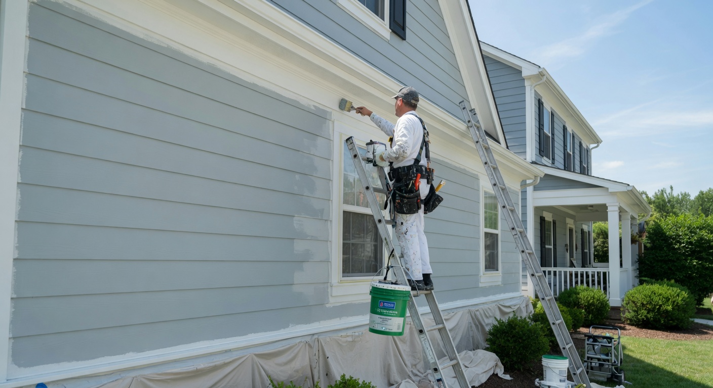 Professional exterior house painting in progress on siding and trim