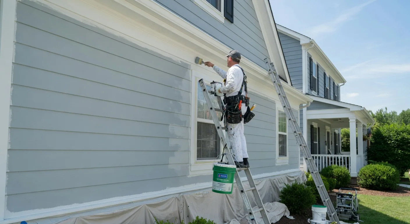 Professional exterior house painting in progress on siding and trim