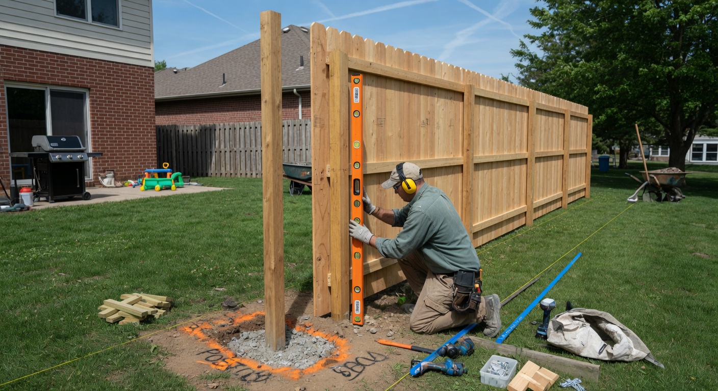 Expert installing a new wooden privacy fence panel in a backyard