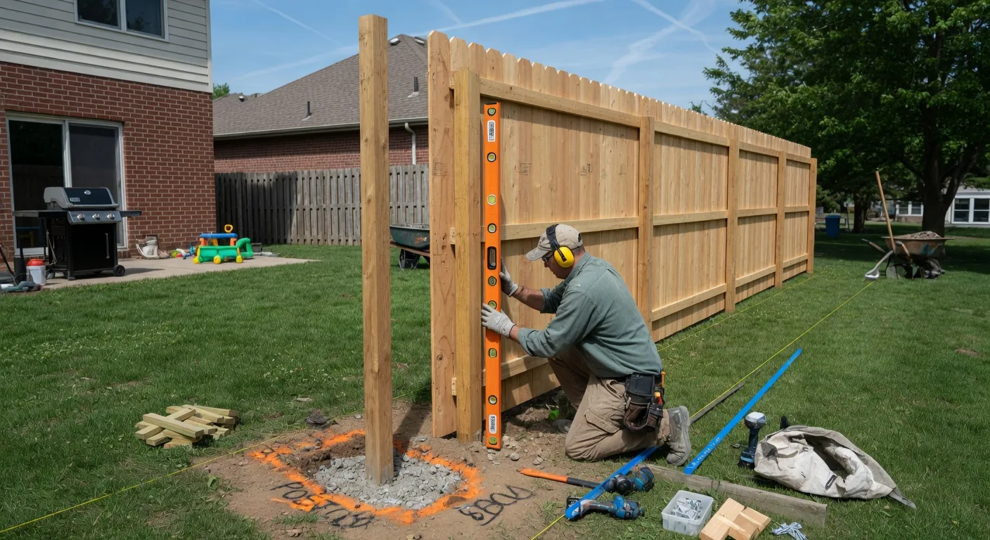 Expert installing a new wooden privacy fence panel in a backyard