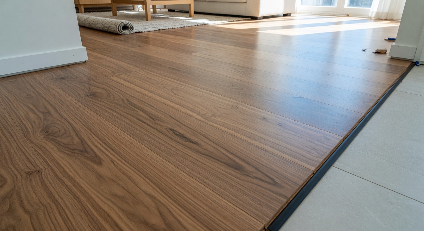 Beautiful finished hardwood floor with clean transitions in a modern living room