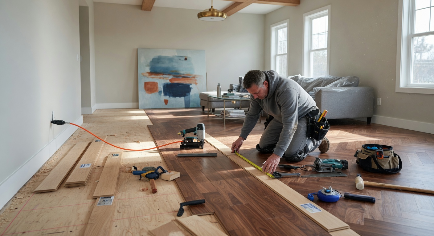 Craftsman installing hardwood flooring in a bright living space