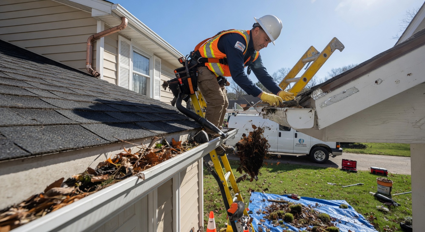 Technician cleaning and repairing residential gutters on a house exterior