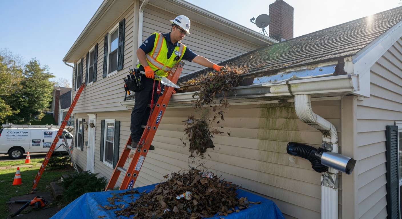Technician performing gutter repair and cleaning on a two-story home