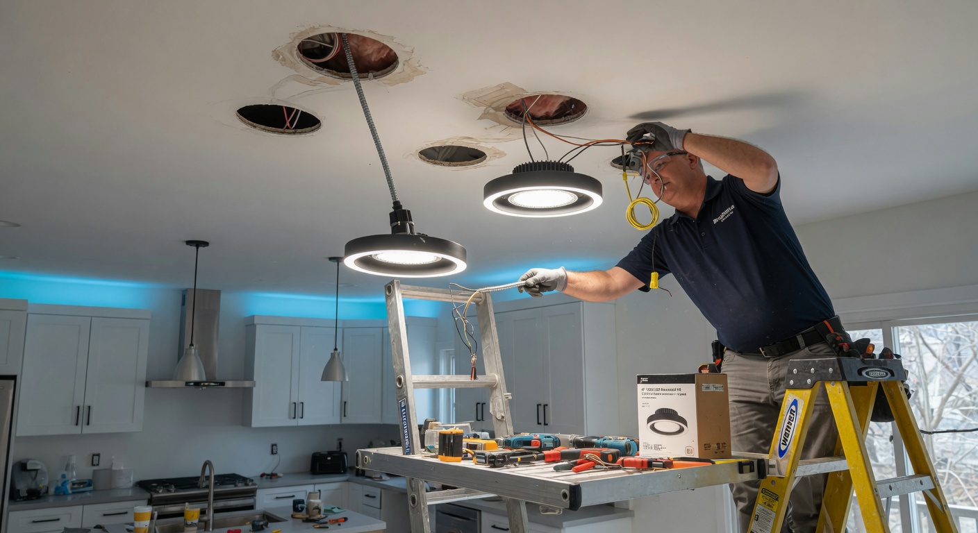Electrician installing modern recessed LED lighting in a kitchen ceiling