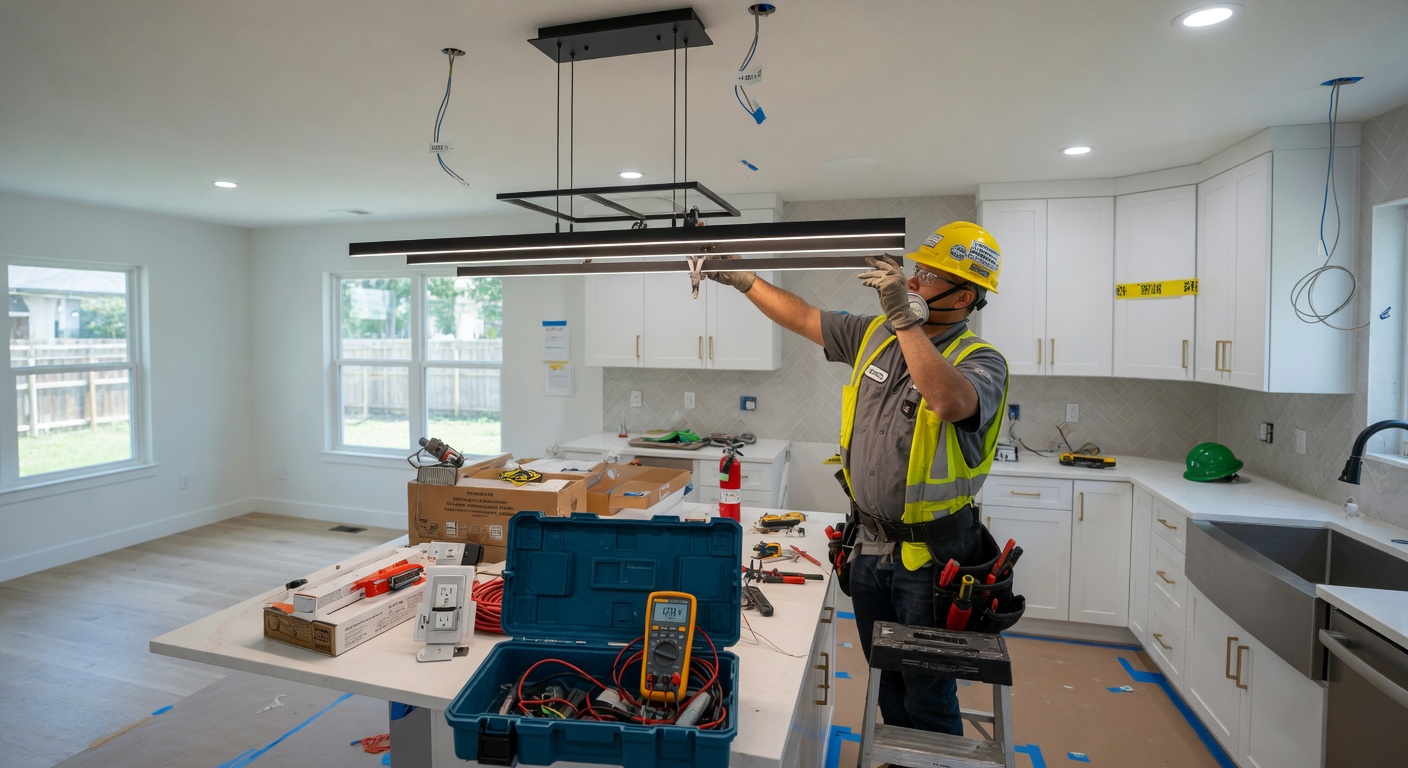 Electrician installing modern LED lighting fixtures in a kitchen remodel