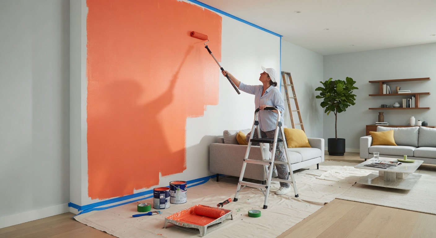 Professional painter applying paint to an accent wall with roller and proper prep
