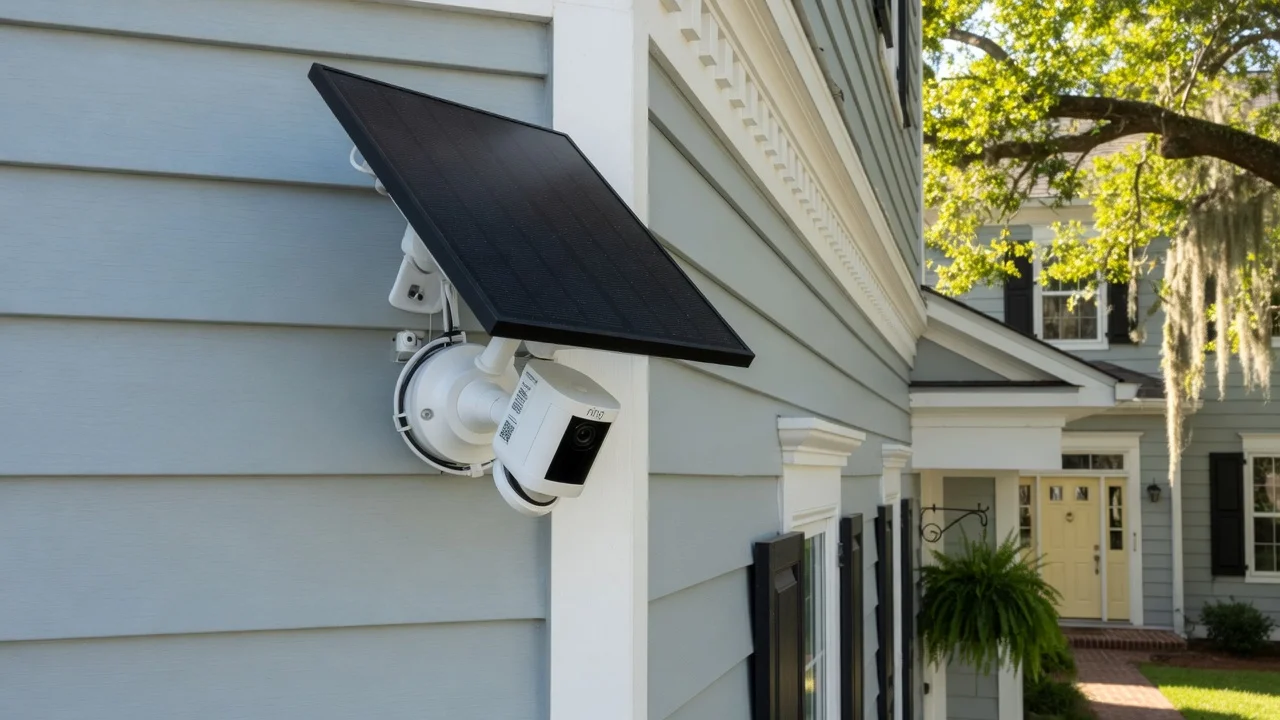 Ring solar-powered security camera installed on the exterior of a home in Savannah