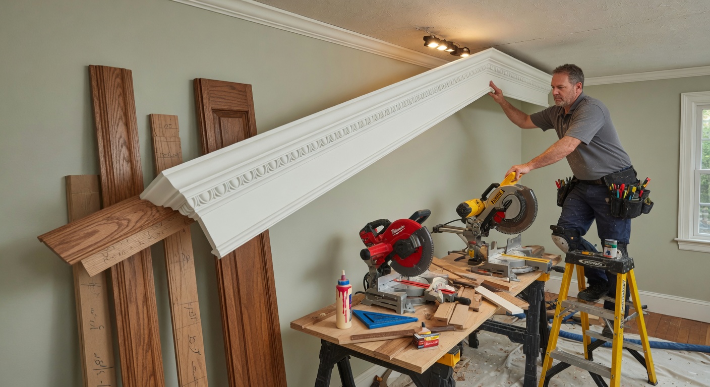 Custom carpentry: handyman installing beautiful crown molding and trim in a home interior