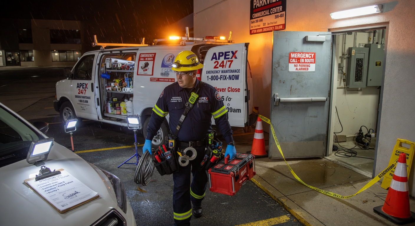 Rapid response maintenance technician arriving for after hours commercial property emergency