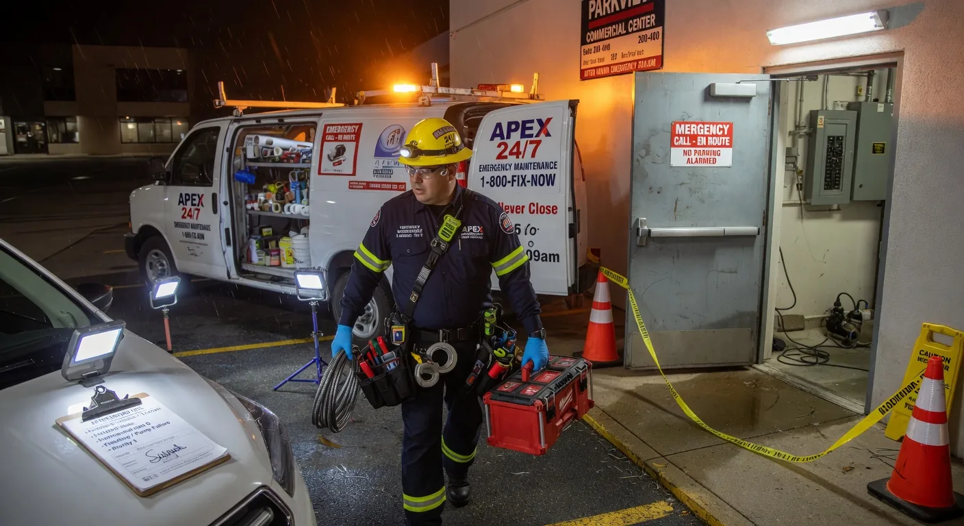 Rapid response maintenance technician arriving for after hours commercial property emergency