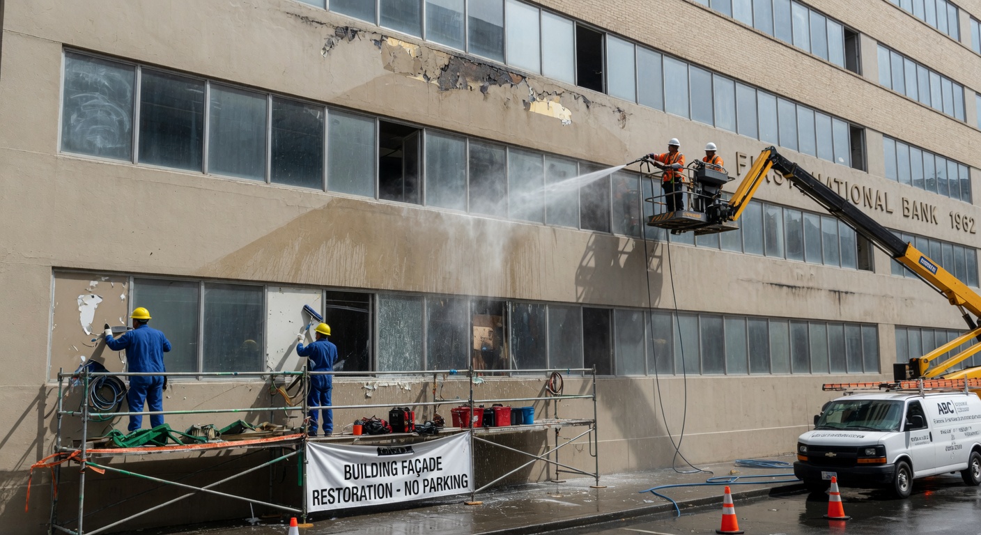 Workers performing exterior facade cleaning and maintenance on commercial building