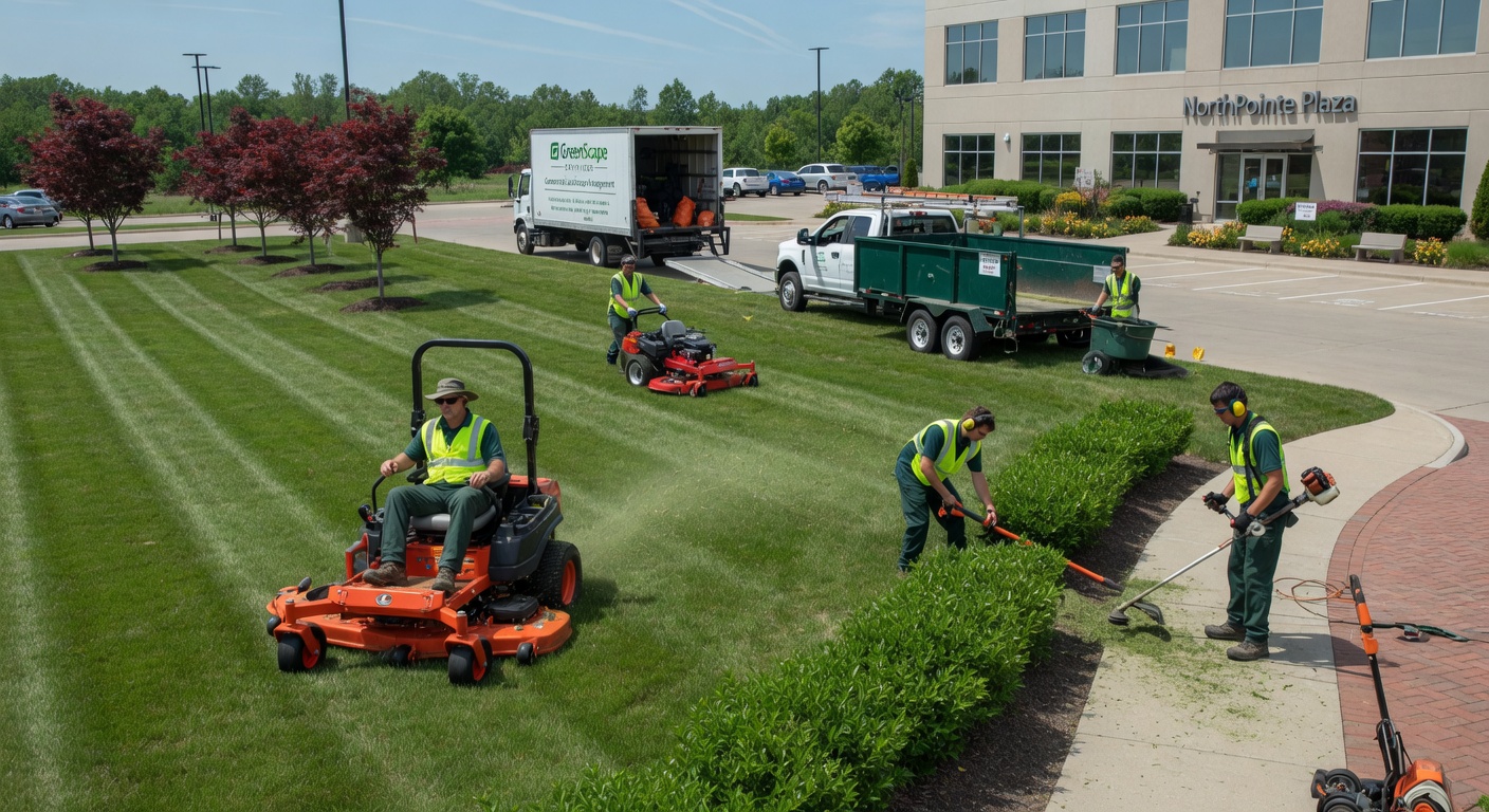 Commercial landscaping crew maintaining grounds and lawns at an office park