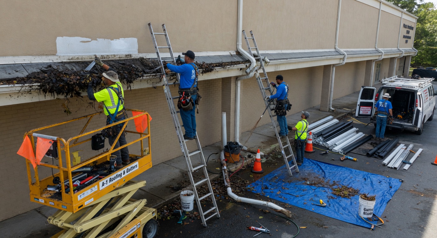 Crew cleaning and repairing commercial building gutters and downspouts