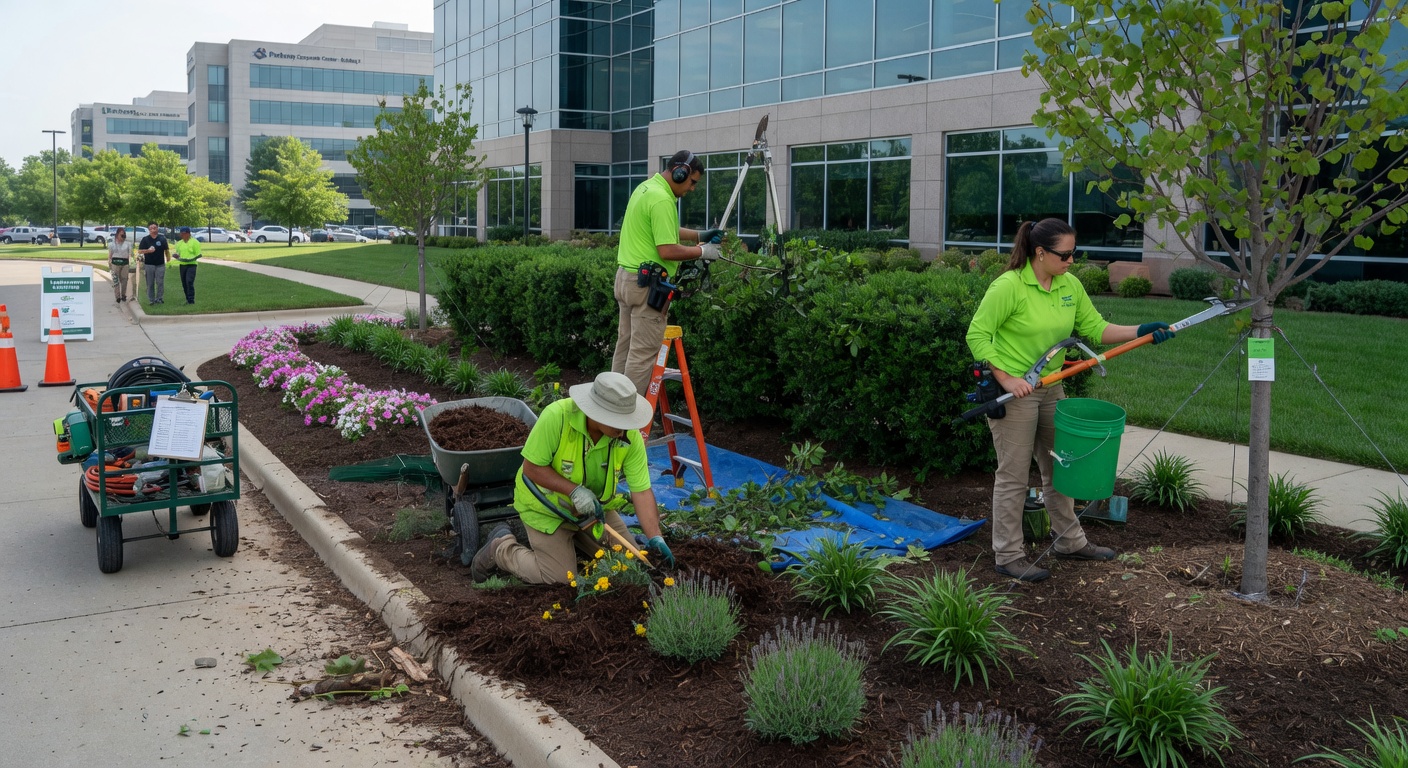 Professional groundskeepers trimming shrubs and caring for commercial property landscaping