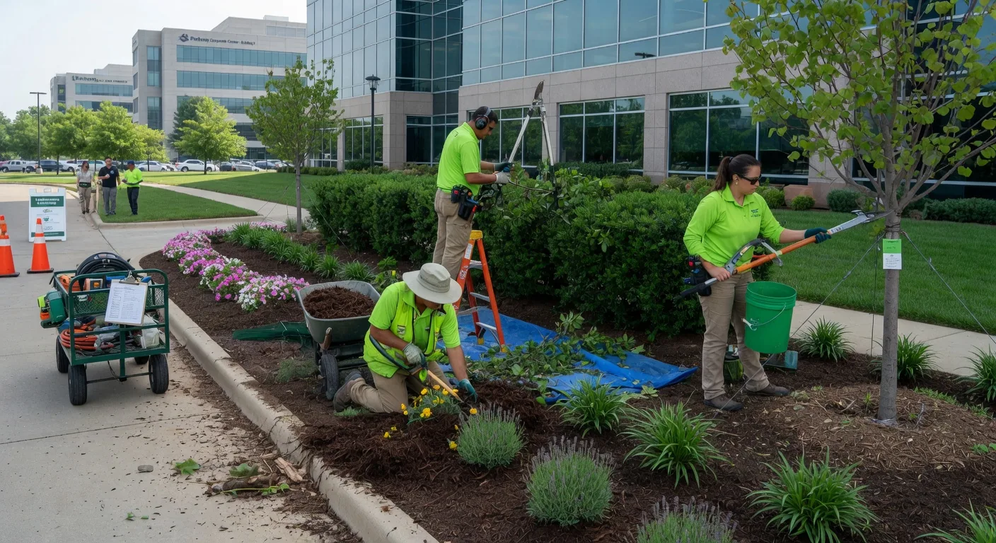 Professional groundskeepers trimming shrubs and caring for commercial property landscaping