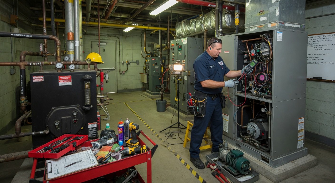 Technician servicing mechanical equipment in a commercial building mechanical room