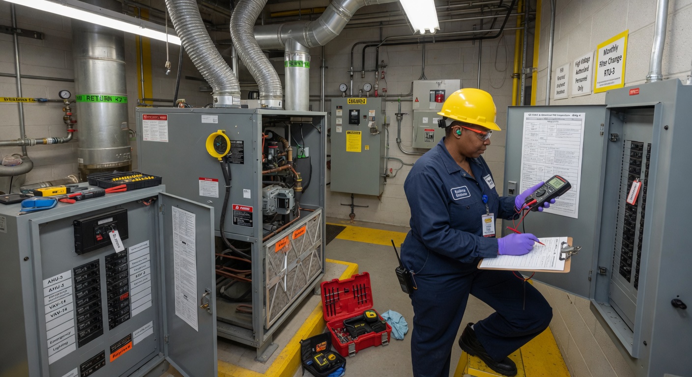 Technician performing scheduled preventive maintenance inspection on commercial building systems