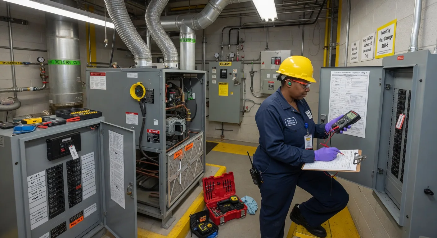 Savannah Property Guardians technician performing a scheduled preventive maintenance inspection on commercial building mechanical systems in Chatham County
