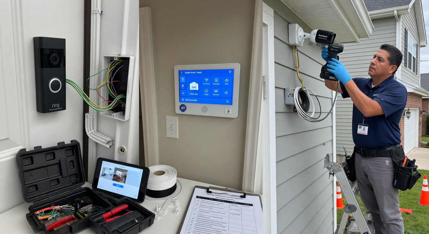 Technician installing residential and commercial security camera and alarm system