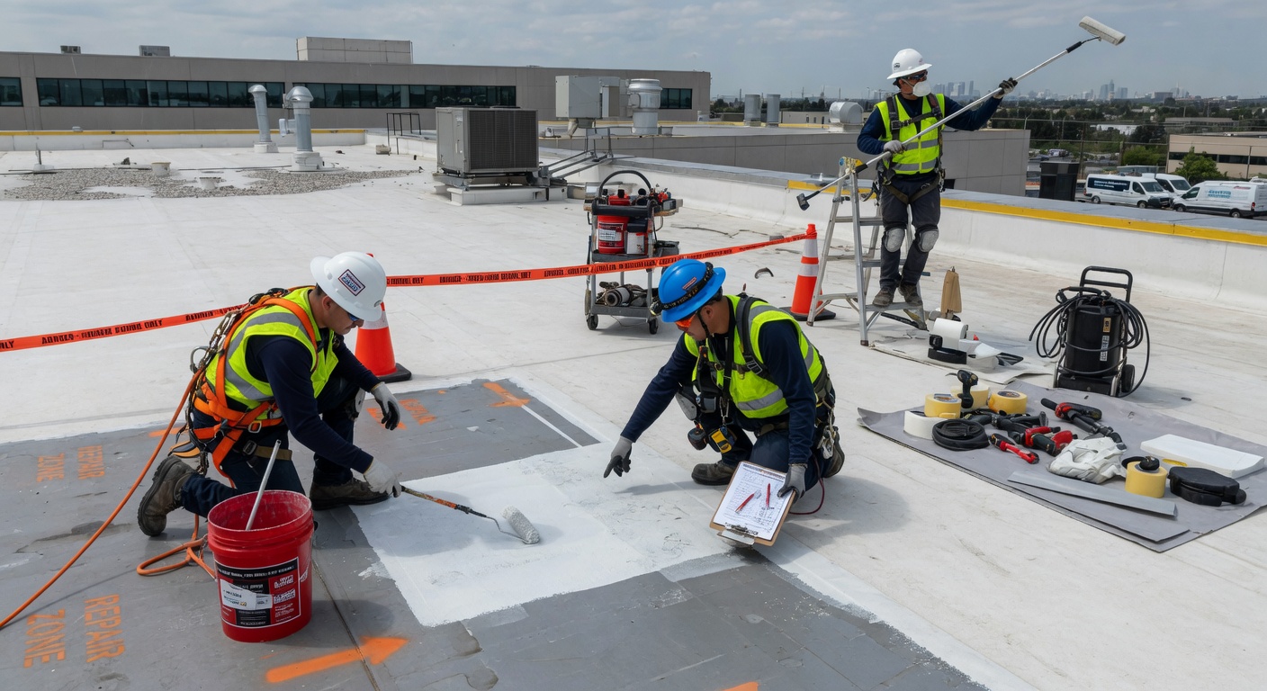 Technicians inspecting and repairing a commercial flat roof