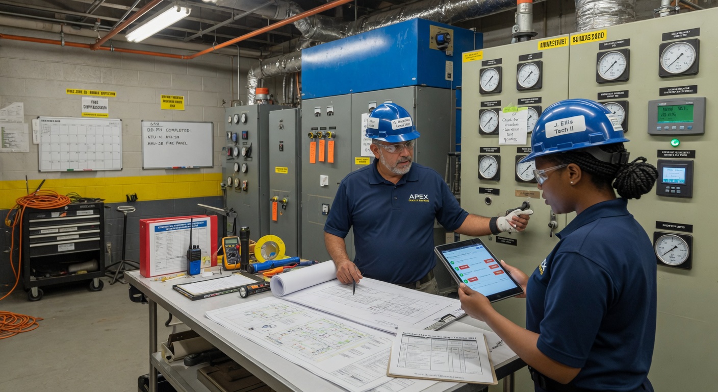 Maintenance team reviewing equipment during routine property inspection
