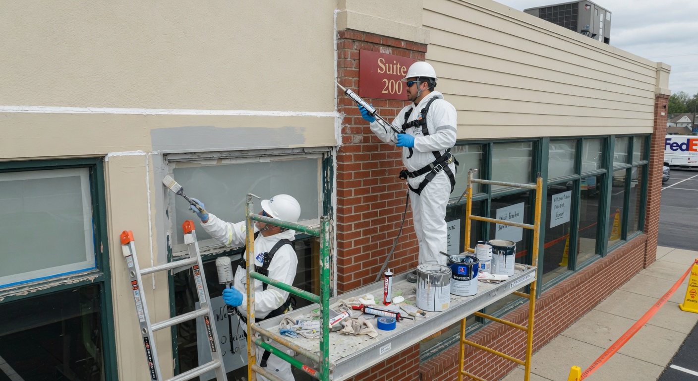 Application of weatherproofing sealants and paint on building exterior