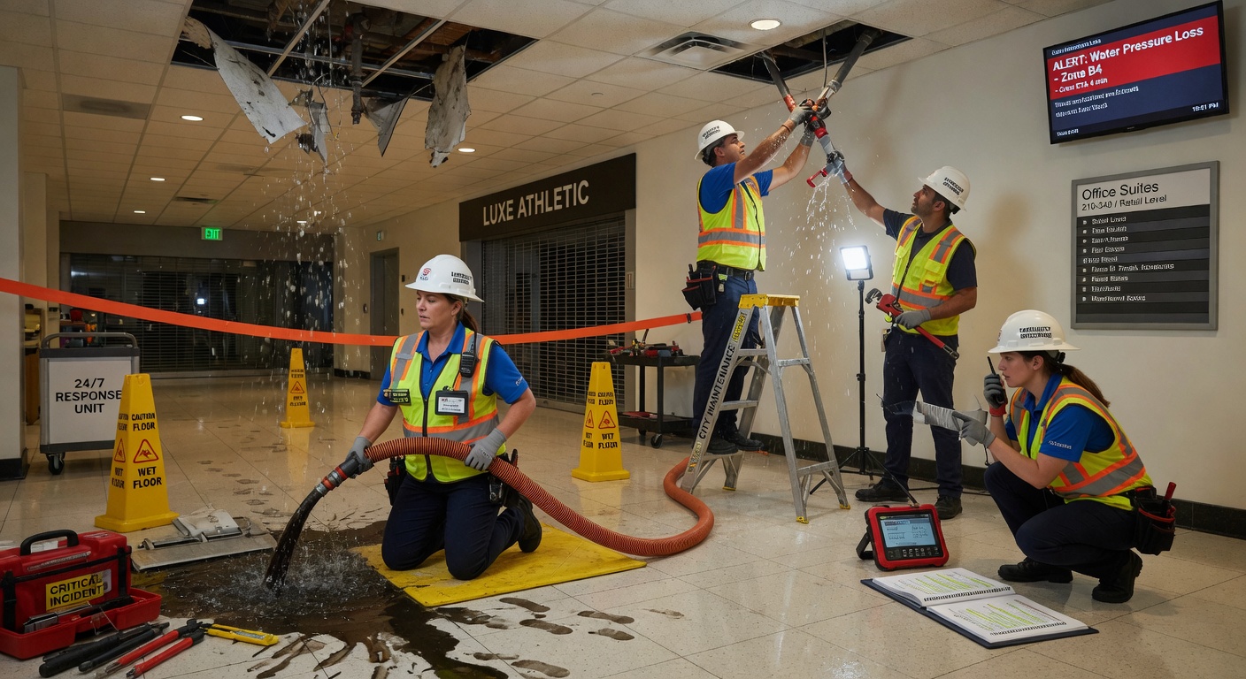 Crew handling urgent 24/7 maintenance repair on commercial facility