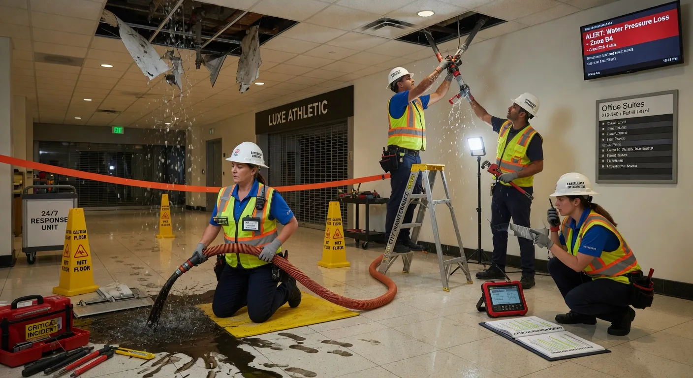 Technicians making urgent after-hours repairs to a commercial building exterior at night