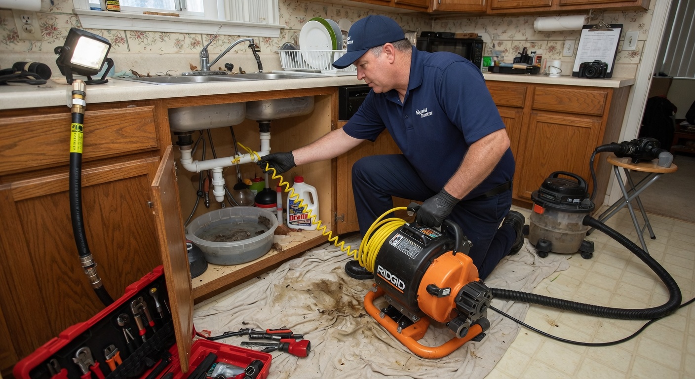 Plumber snaking or hydro jetting a clogged drain