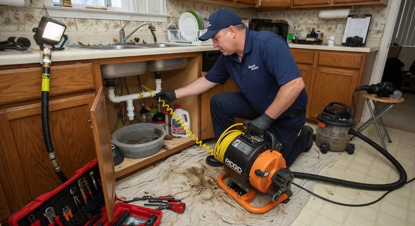 Plumber using hydro jetting equipment to clear a clogged drain line