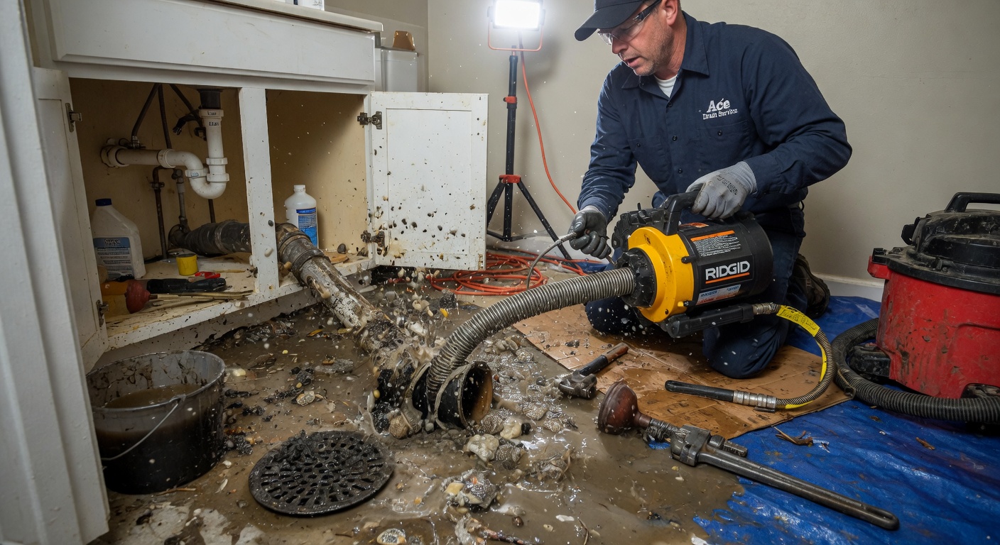 Plumber clearing a clogged drain with professional equipment