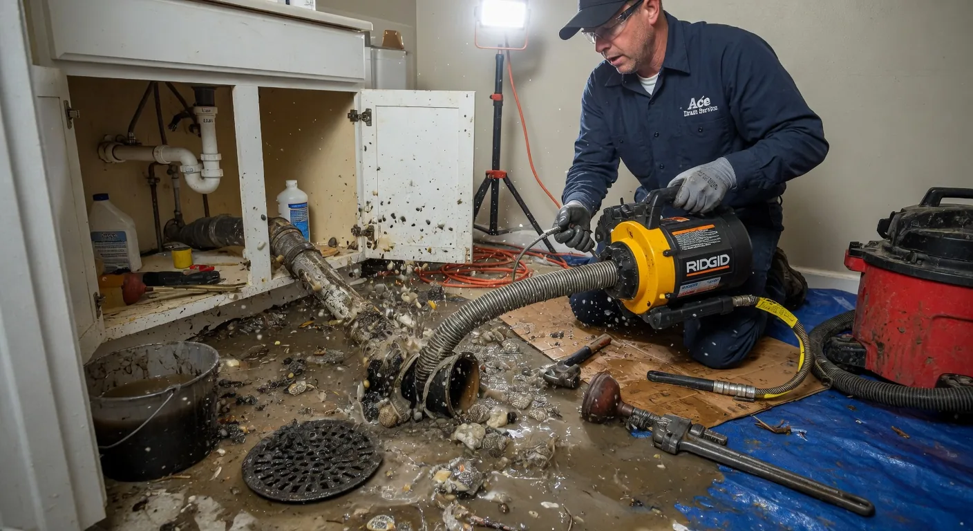 Plumber clearing a clogged drain with professional equipment