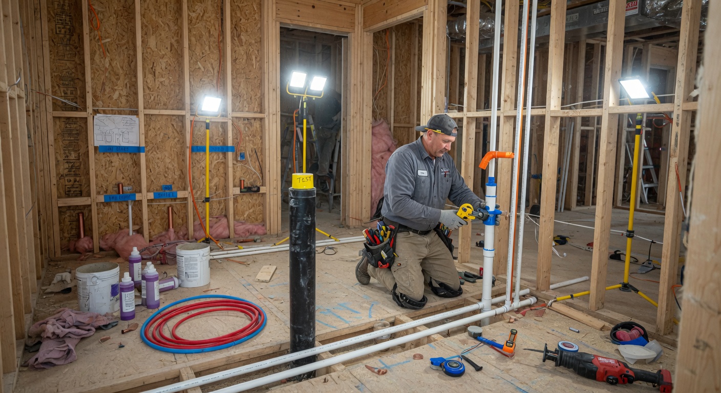 Plumber installing new plumbing pipes during home new construction