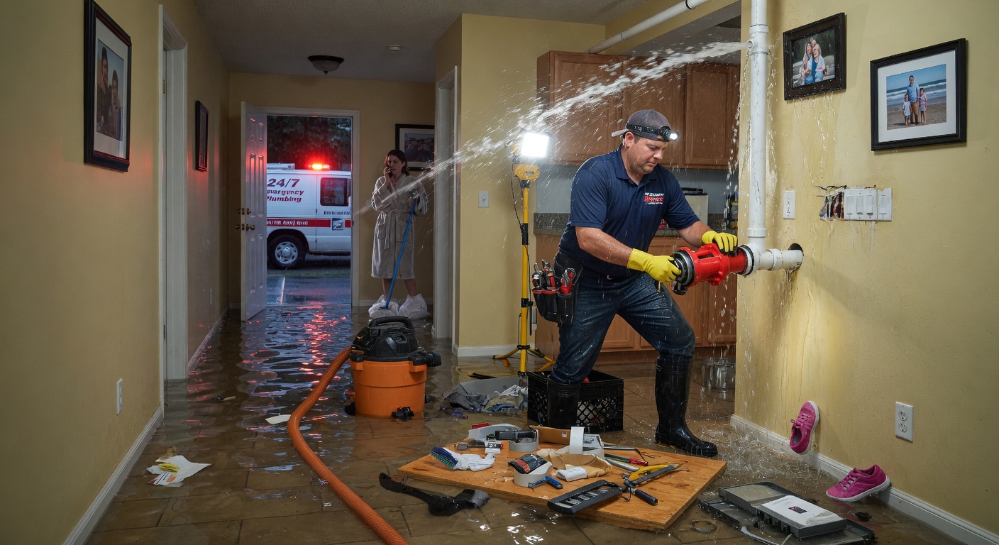 Emergency plumber fixing burst pipe flooding in a home