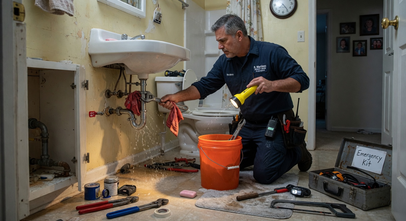 Professional plumber responding to a plumbing emergency at a residential home