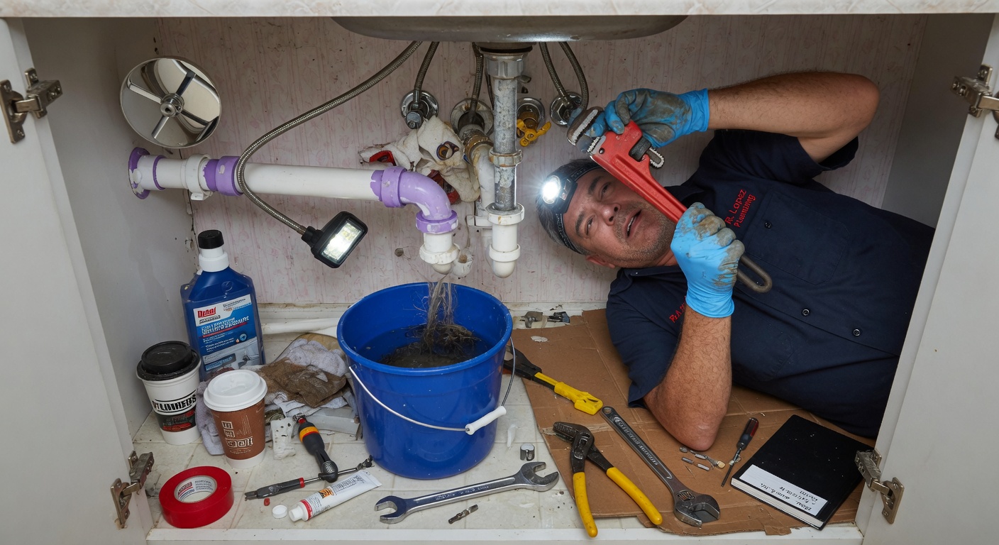 Plumber repairing pipes under bathroom sink