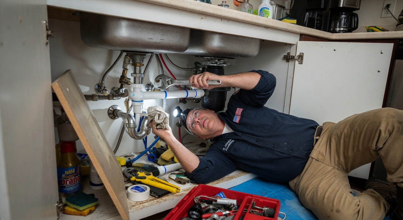 Plumber performing general plumbing repairs under a kitchen sink