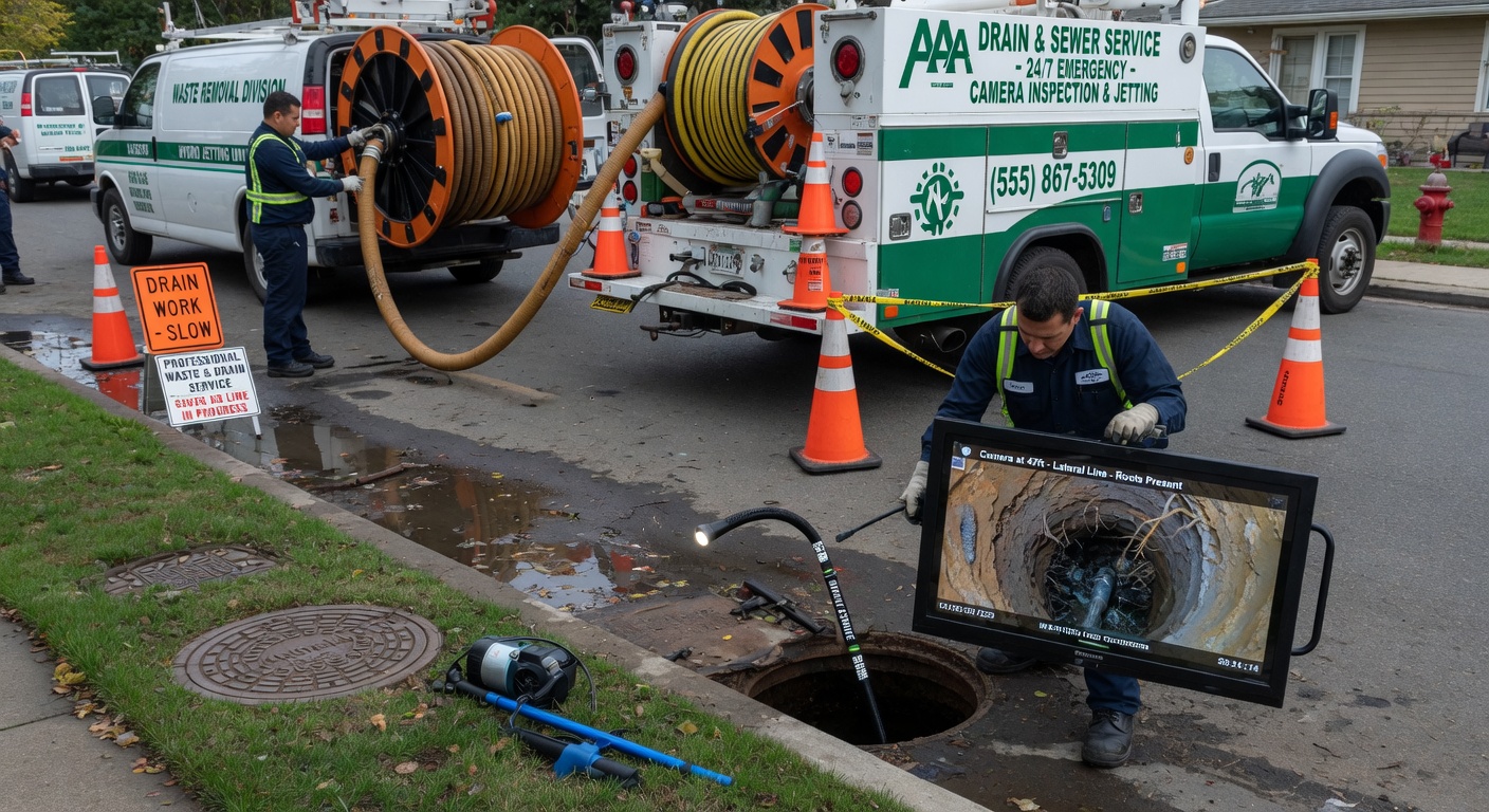 Plumber or waste removal service cleaning sewer line