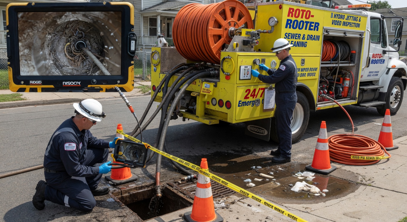 Plumber performing waste removal or sewer line cleaning