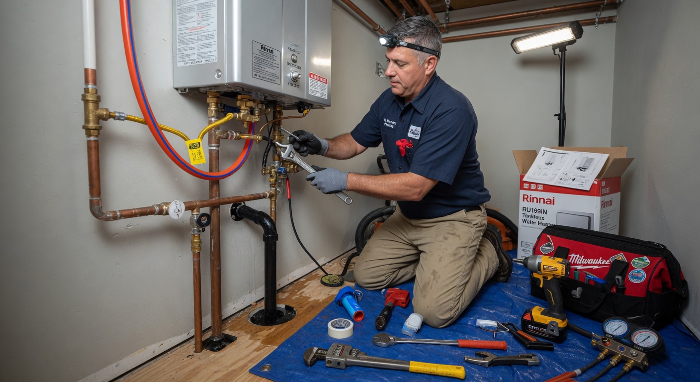 Plumber working on a water heater installation or maintenance