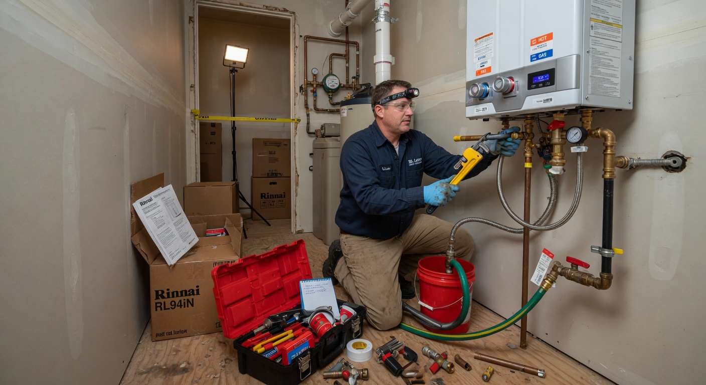 Plumber installing or repairing a residential water heater