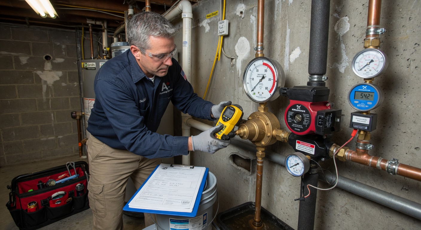 Plumber adjusting water pressure regulator or pump